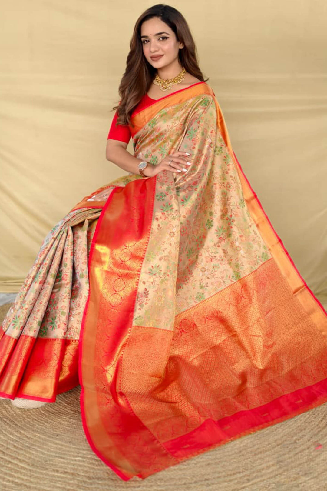 Beige and Red Zari Woven Kanjivaram Silk Saree