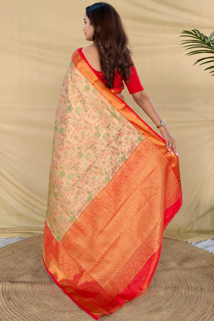Beige and Red Zari Woven Kanjivaram Silk Saree
