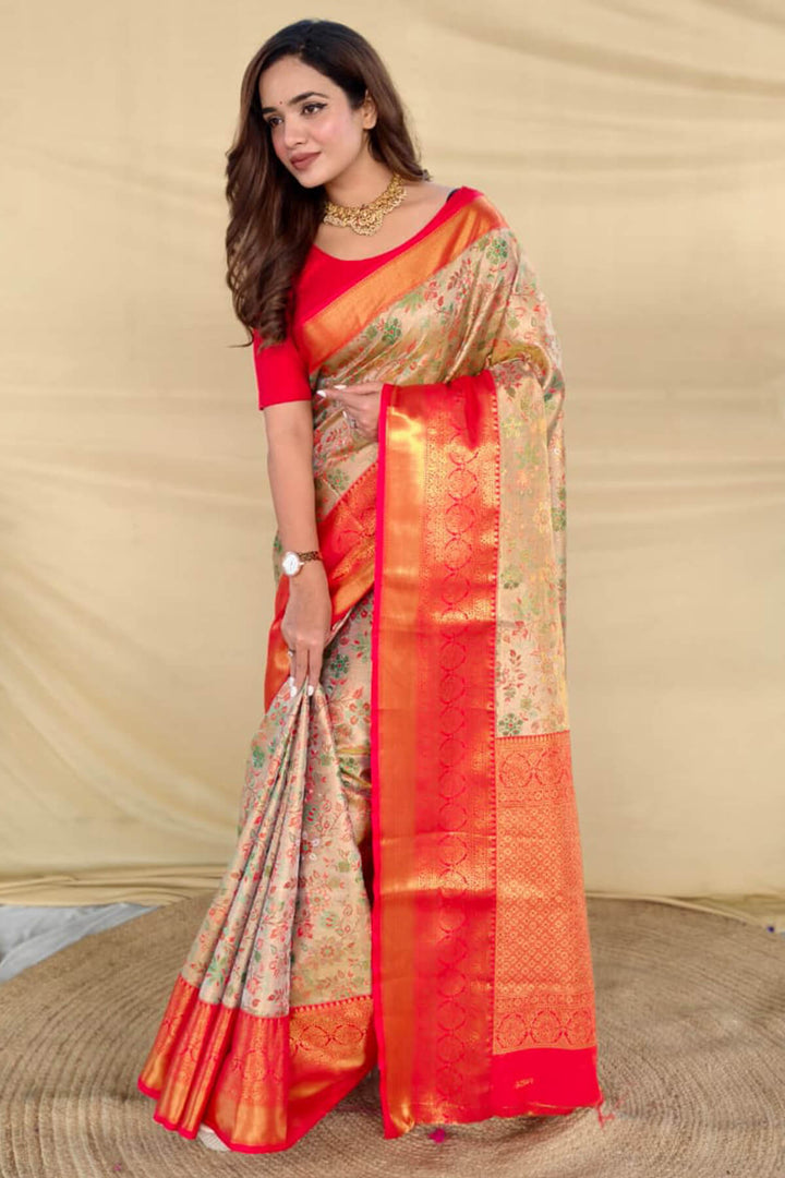 Beige and Red Zari Woven Kanjivaram Silk Saree