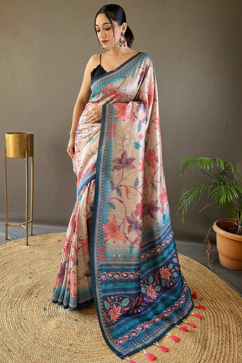 Beige and Sky Printed Soft Silk Saree