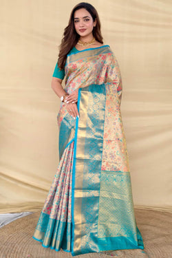 Beige and Sky Zari Woven Kanjivaram Silk Saree