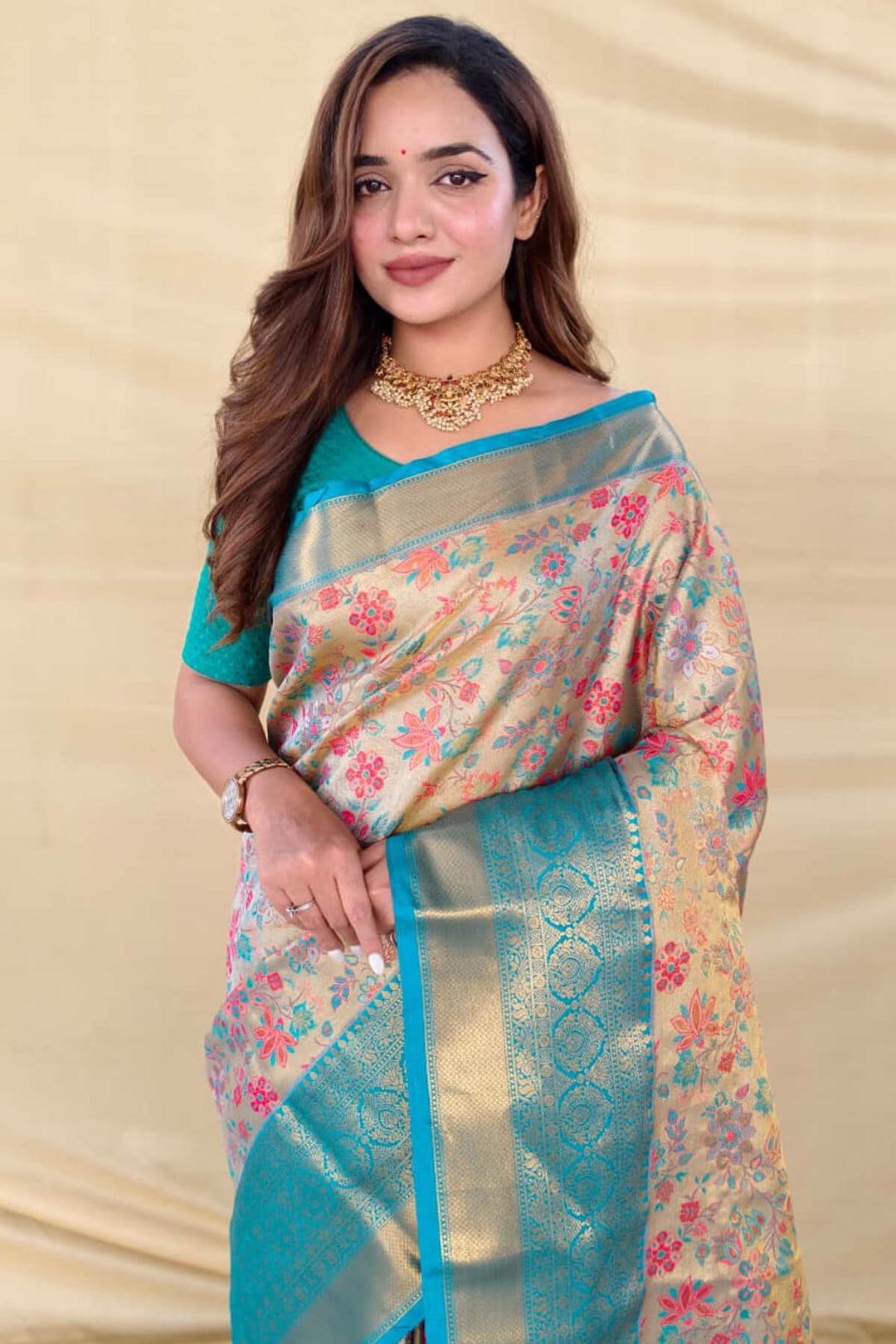 Beige and Sky Zari Woven Kanjivaram Silk Saree