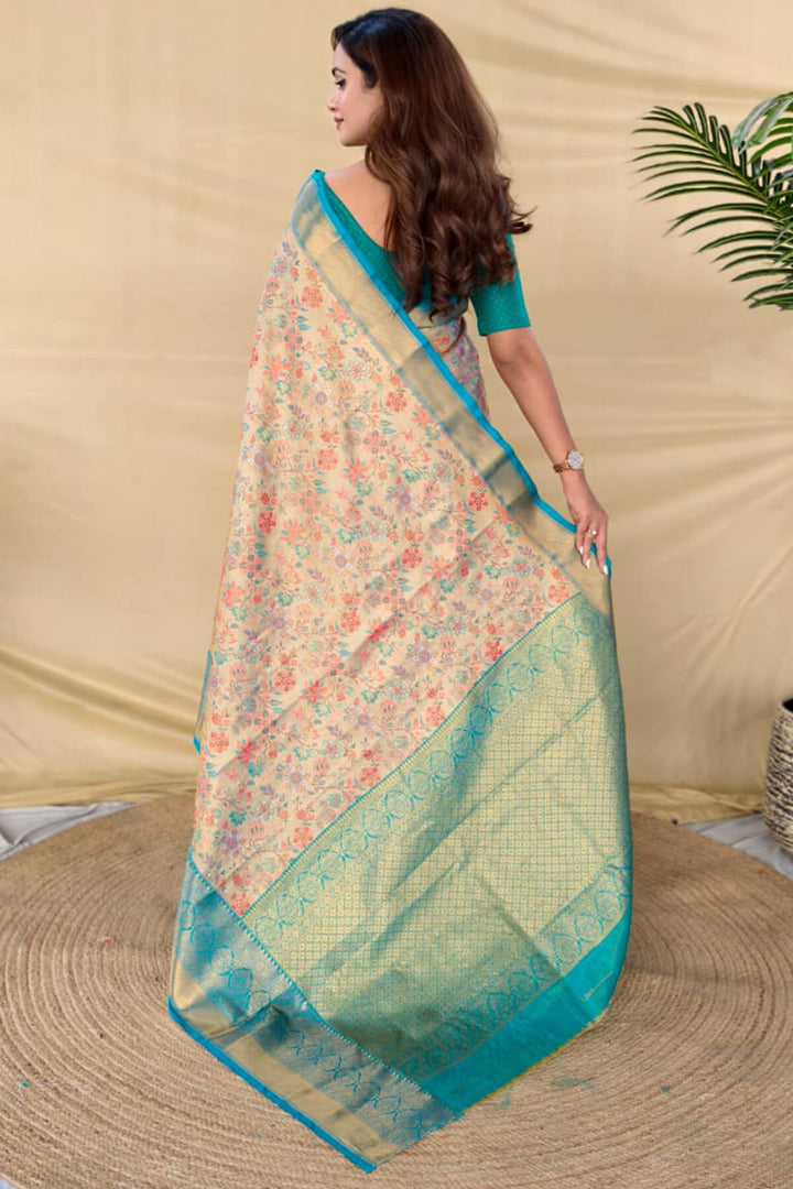 Beige and Sky Zari Woven Kanjivaram Silk Saree