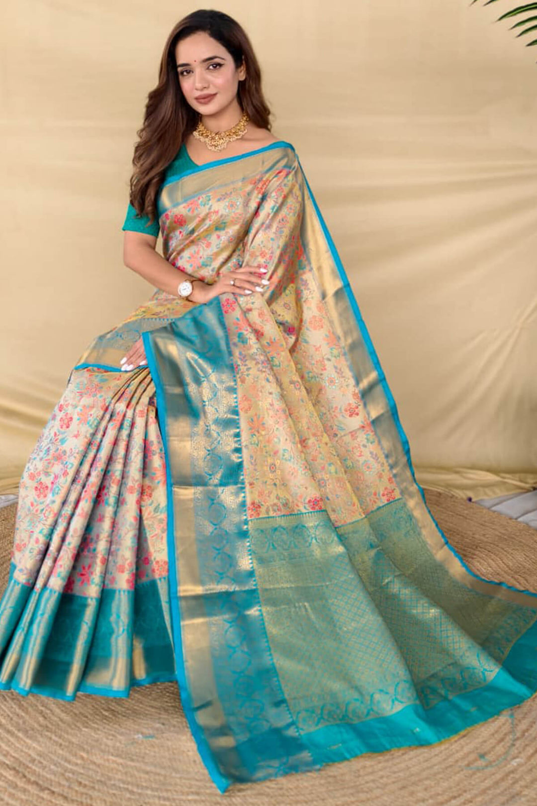 Beige and Sky Zari Woven Kanjivaram Silk Saree