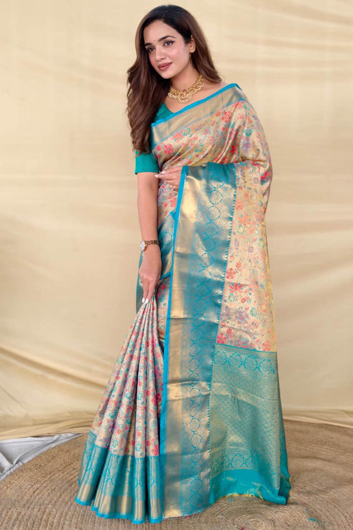 Beige and Sky Zari Woven Kanjivaram Silk Saree