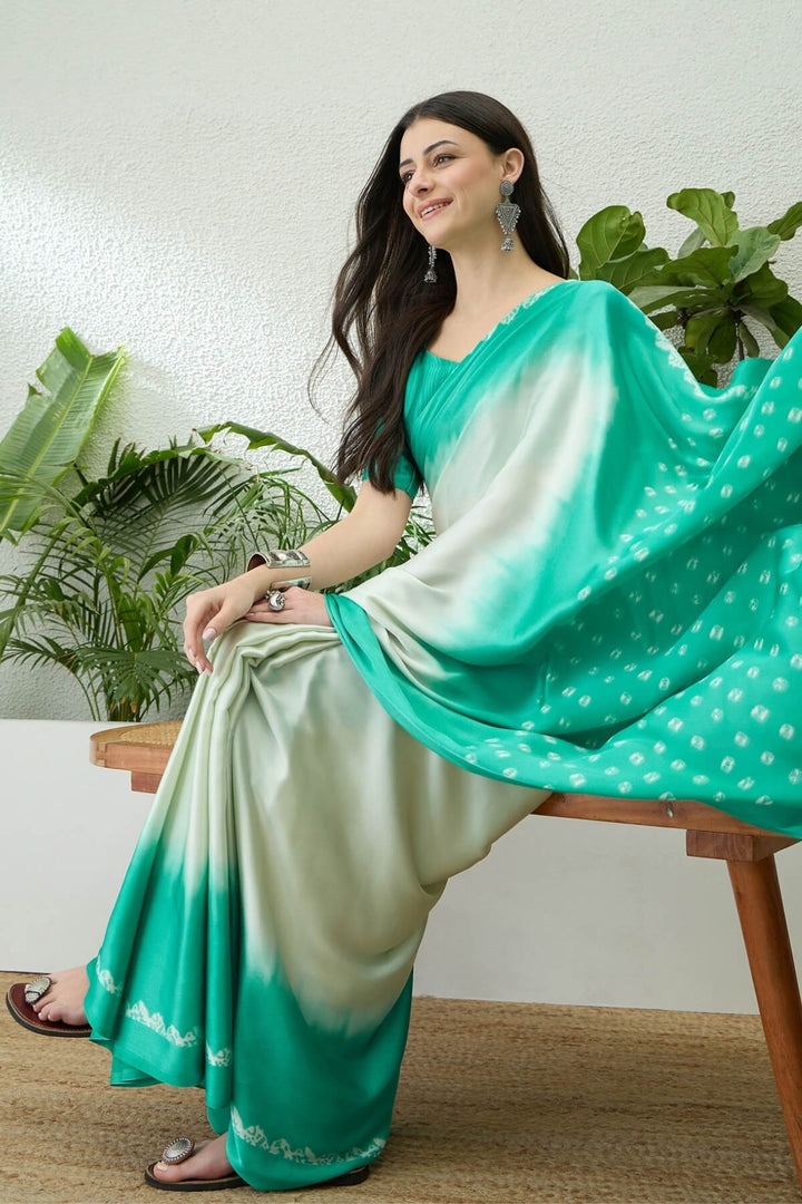 Beige and Turquoise Printed Satin Silk Saree