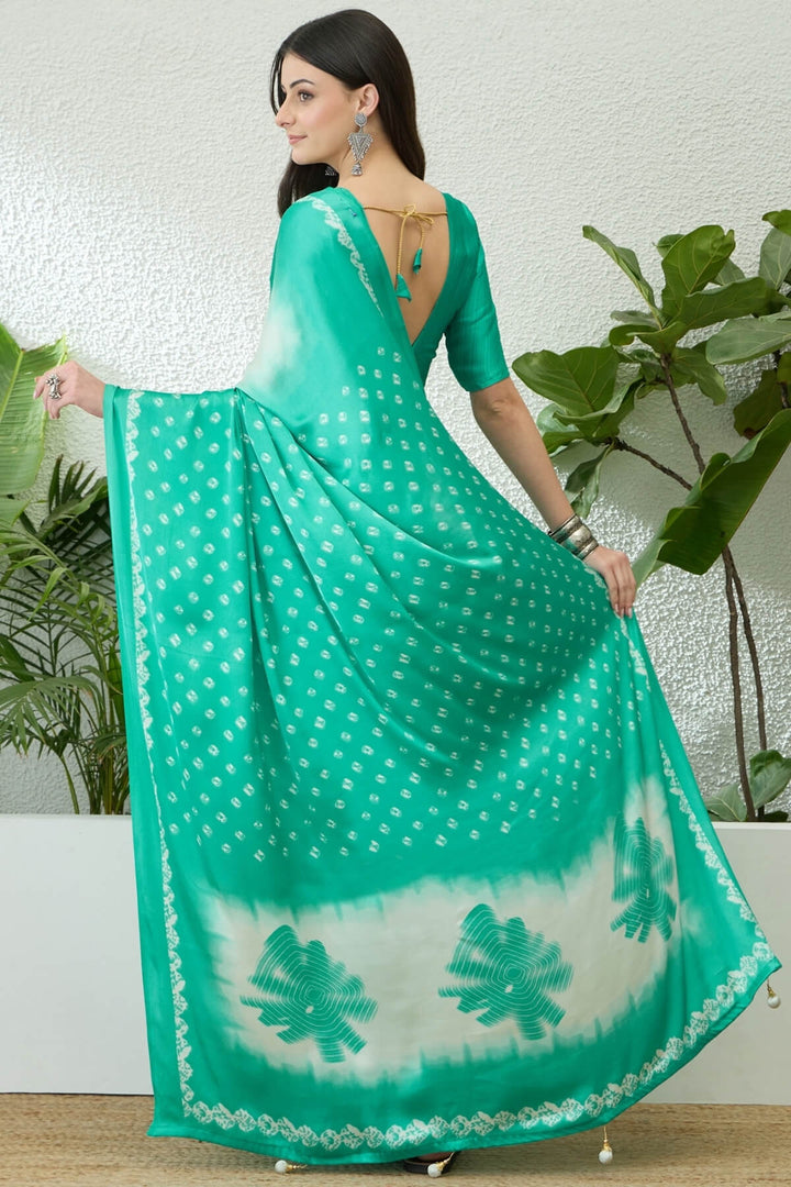 Beige and Turquoise Printed Satin Silk Saree