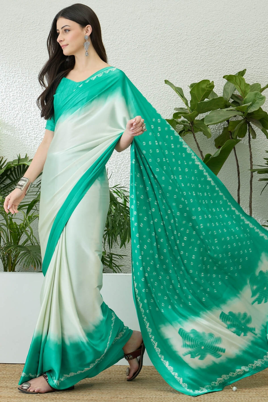 Beige and Turquoise Printed Satin Silk Saree