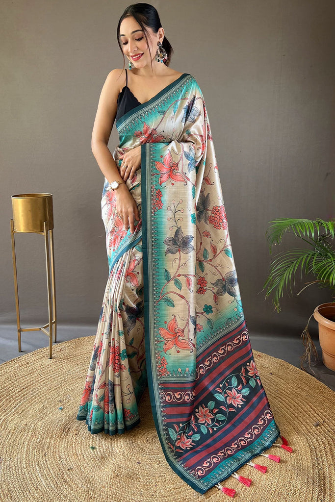 Beige and Turquoise Printed Soft Silk Saree