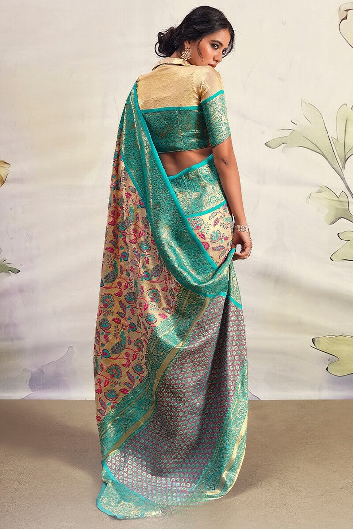 Beige and Turquoise Zari Woven Banarasi Silk Saree