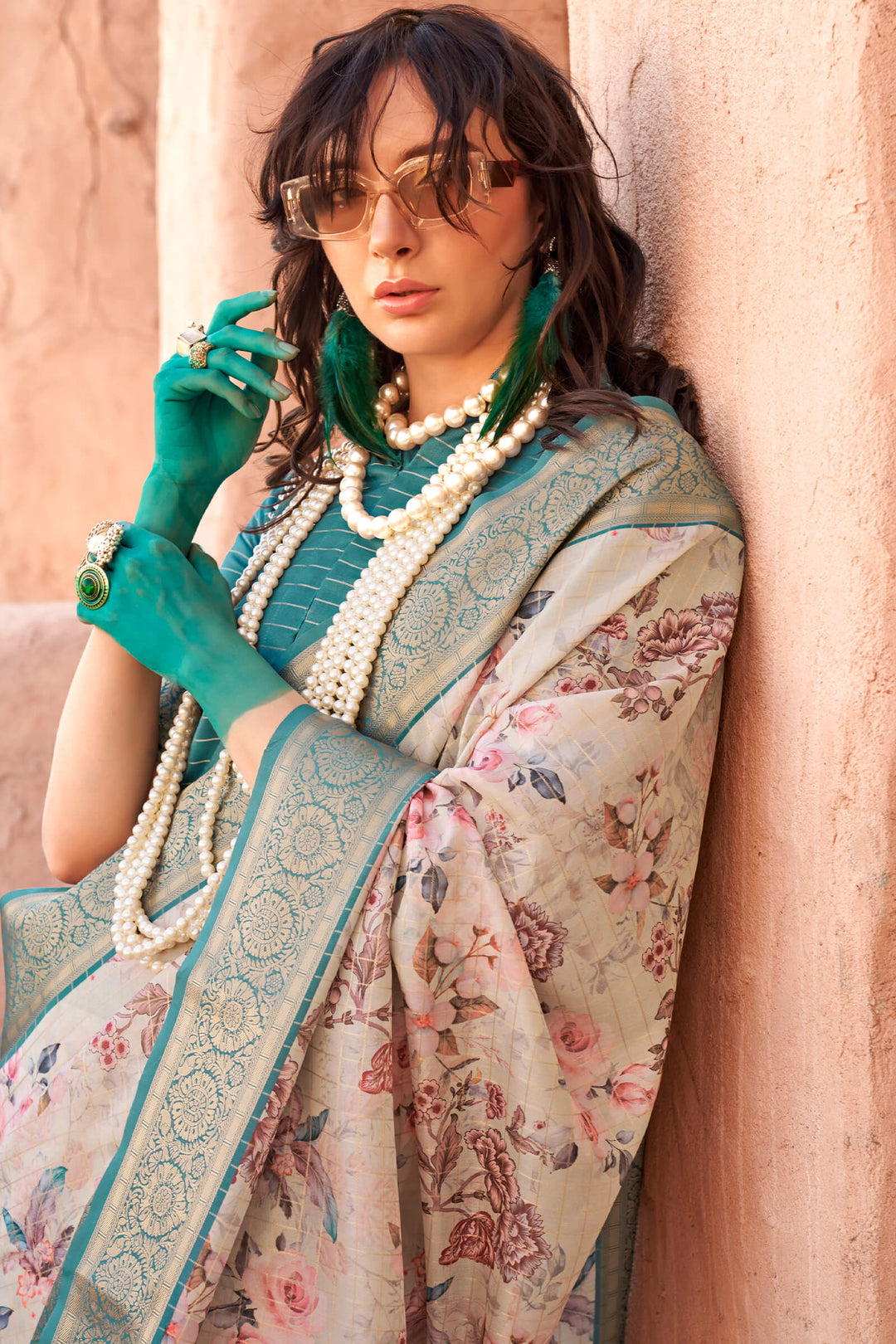 Beige and Turquoise Zari Woven Printed Georgette saree