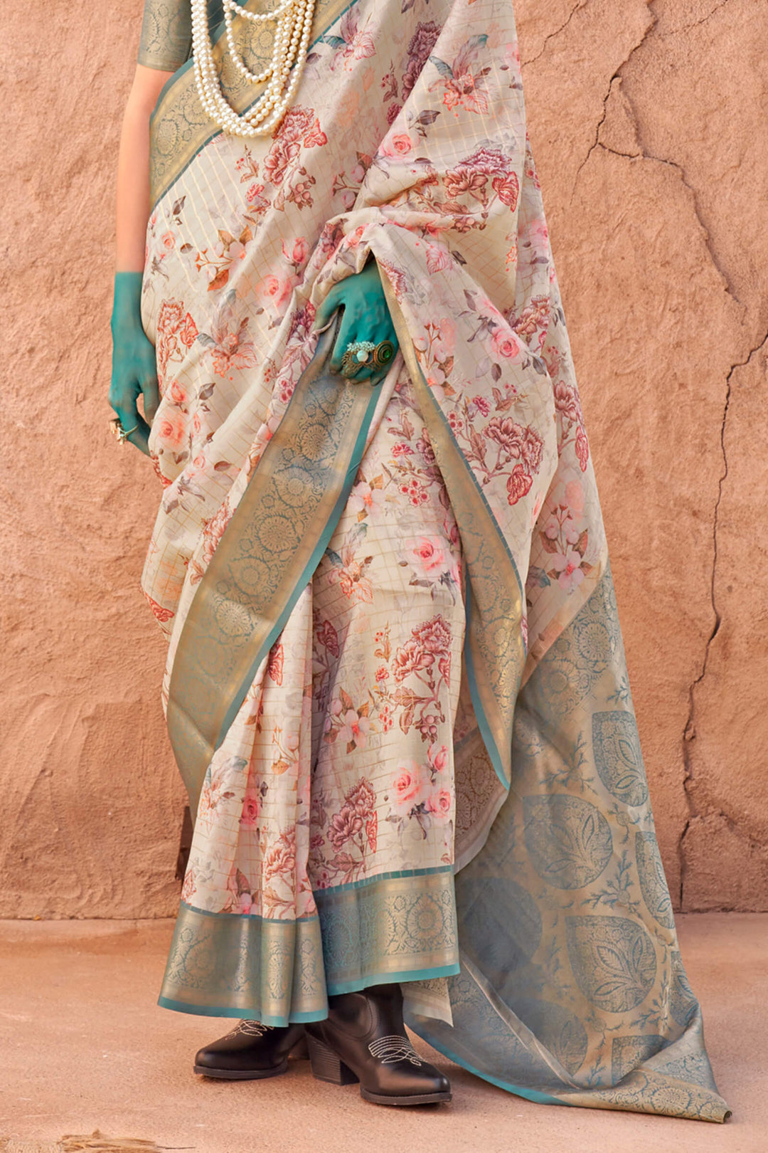 Beige and Turquoise Zari Woven Printed Georgette saree