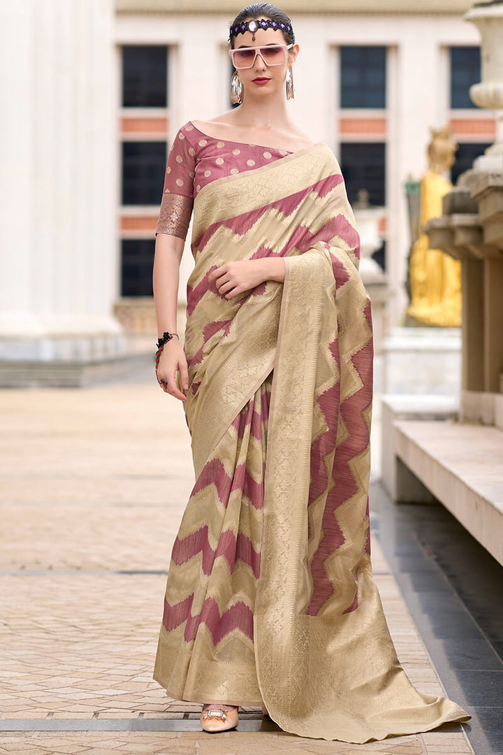 Beige and Wine Linen Cotton silk Saree