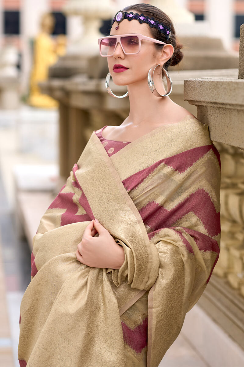 Beige and Wine Linen Cotton silk Saree