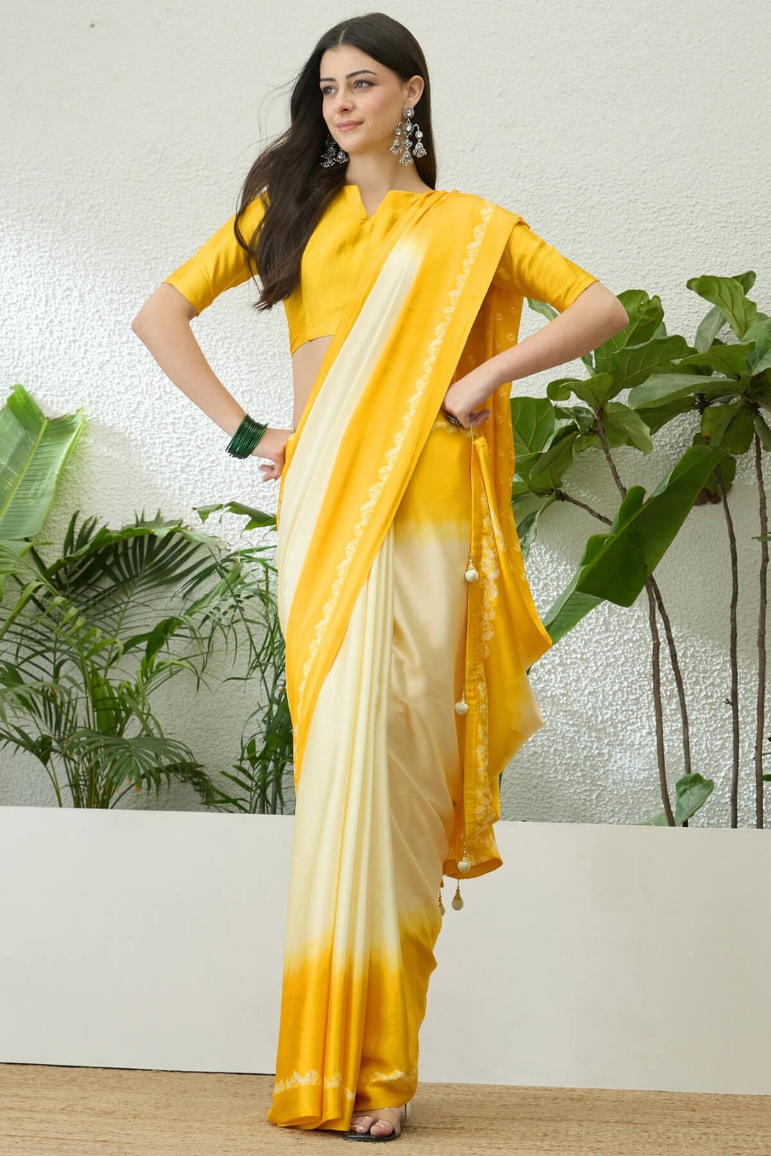 Beige and Yellow Printed Satin Silk Saree