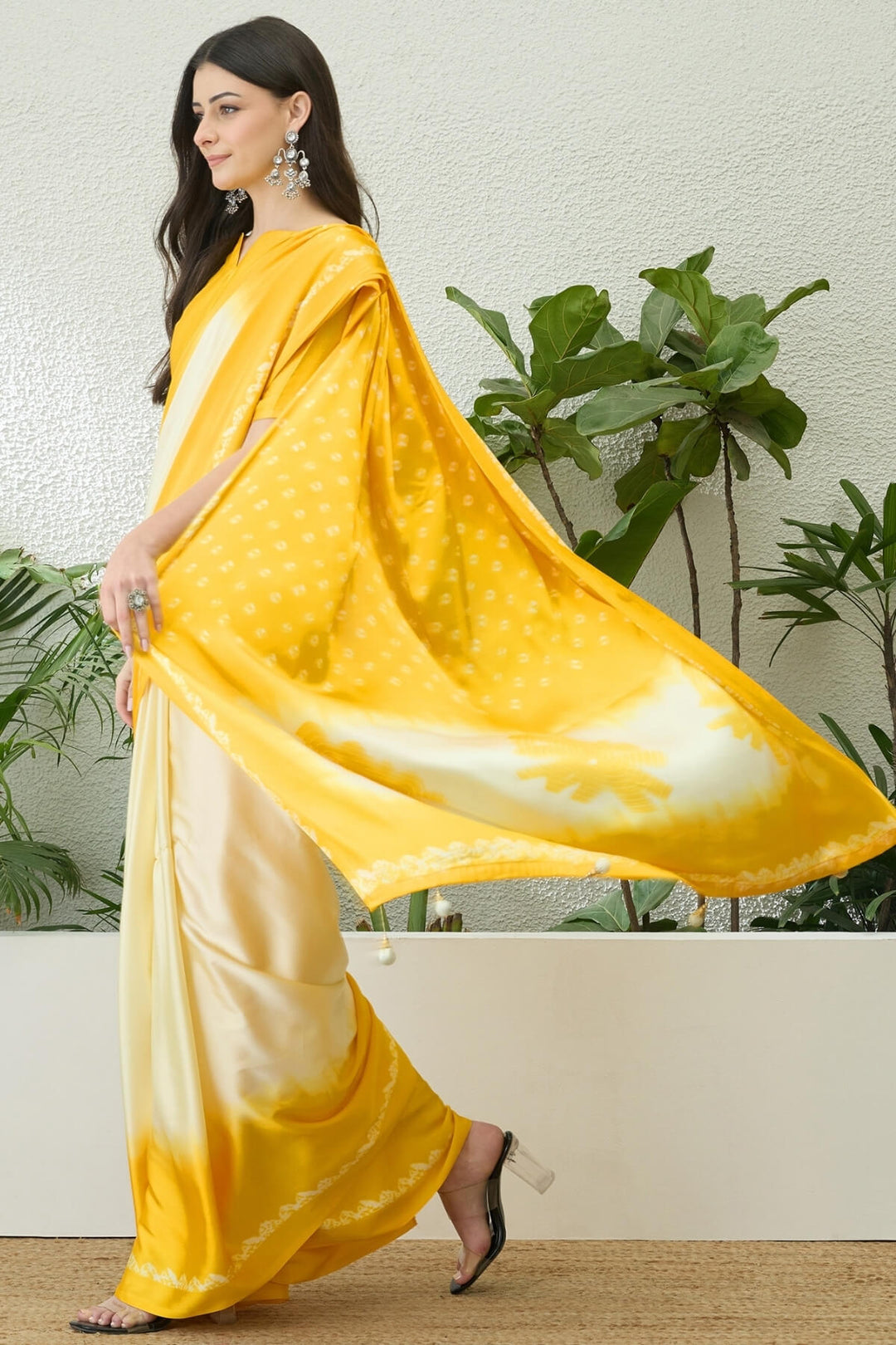 Beige and Yellow Printed Satin Silk Saree