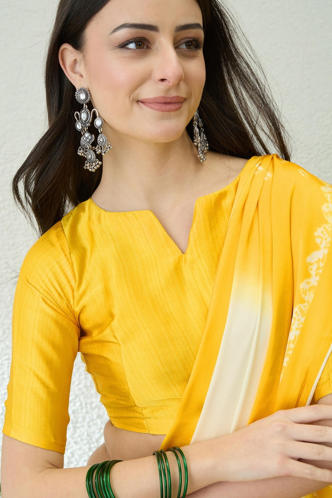 Beige and Yellow Printed Satin Silk Saree