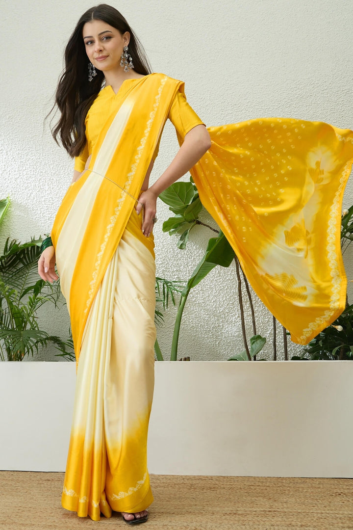Beige and Yellow Printed Satin Silk Saree