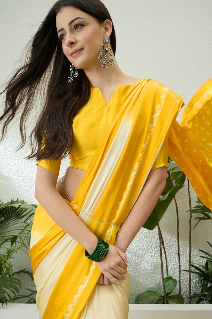Beige and Yellow Printed Satin Silk Saree