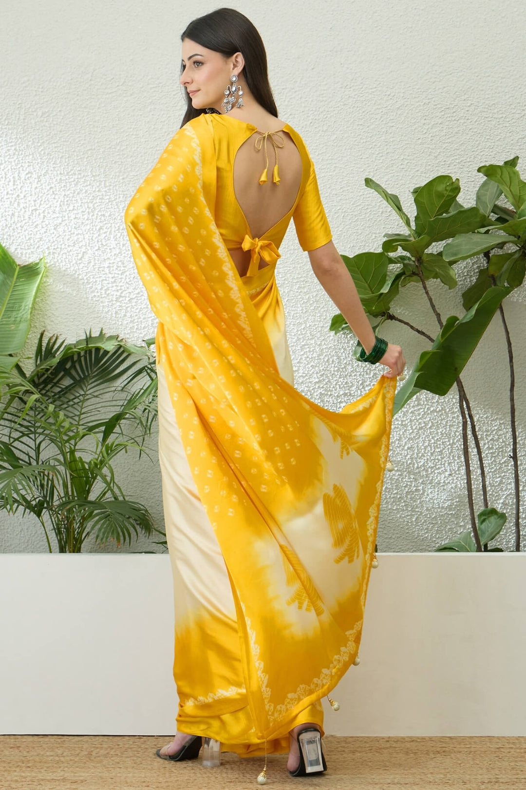 Beige and Yellow Printed Satin Silk Saree