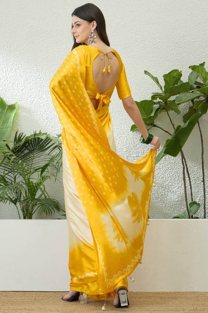 Beige and Yellow Printed Satin Silk Saree