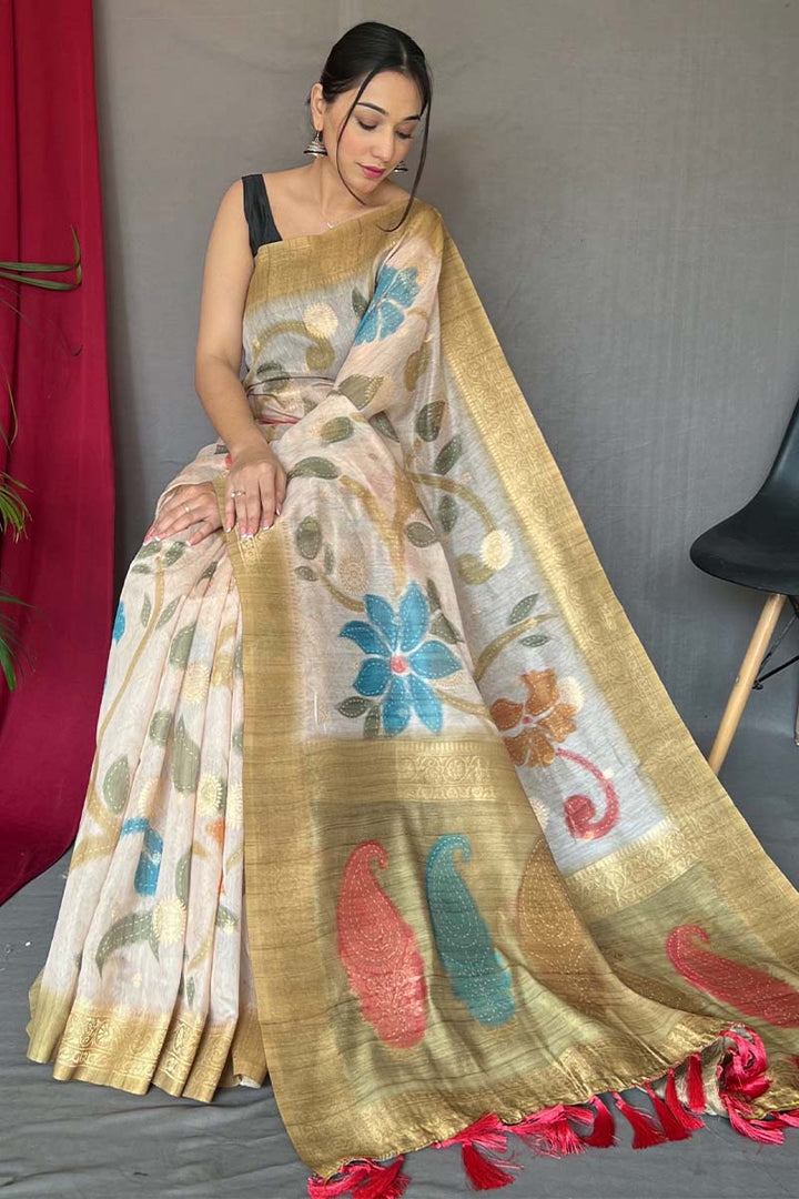 Beige and Yellow Zari Woven Printed Silk Saree