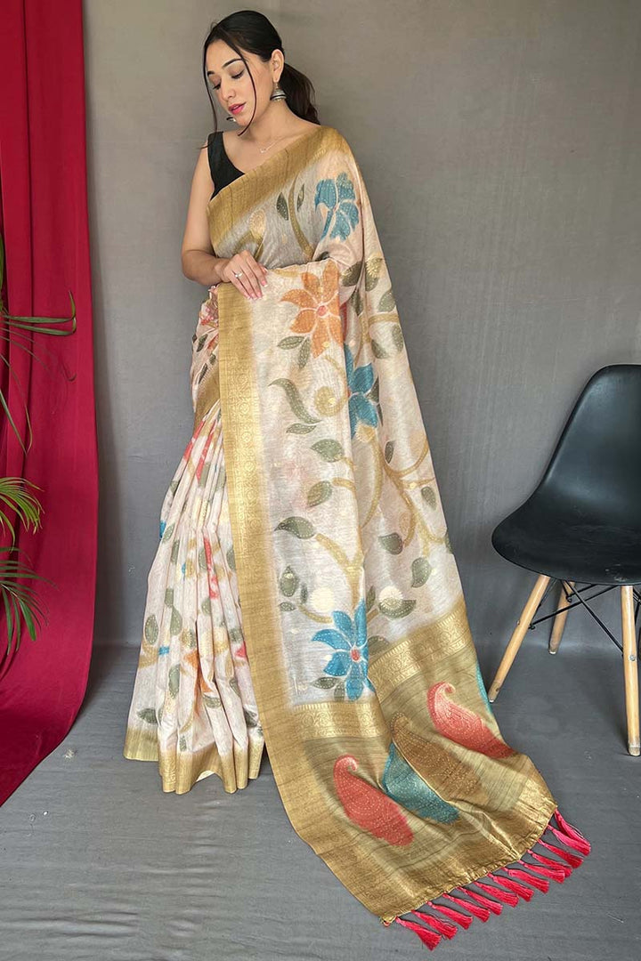 Beige and Yellow Zari Woven Printed Silk Saree