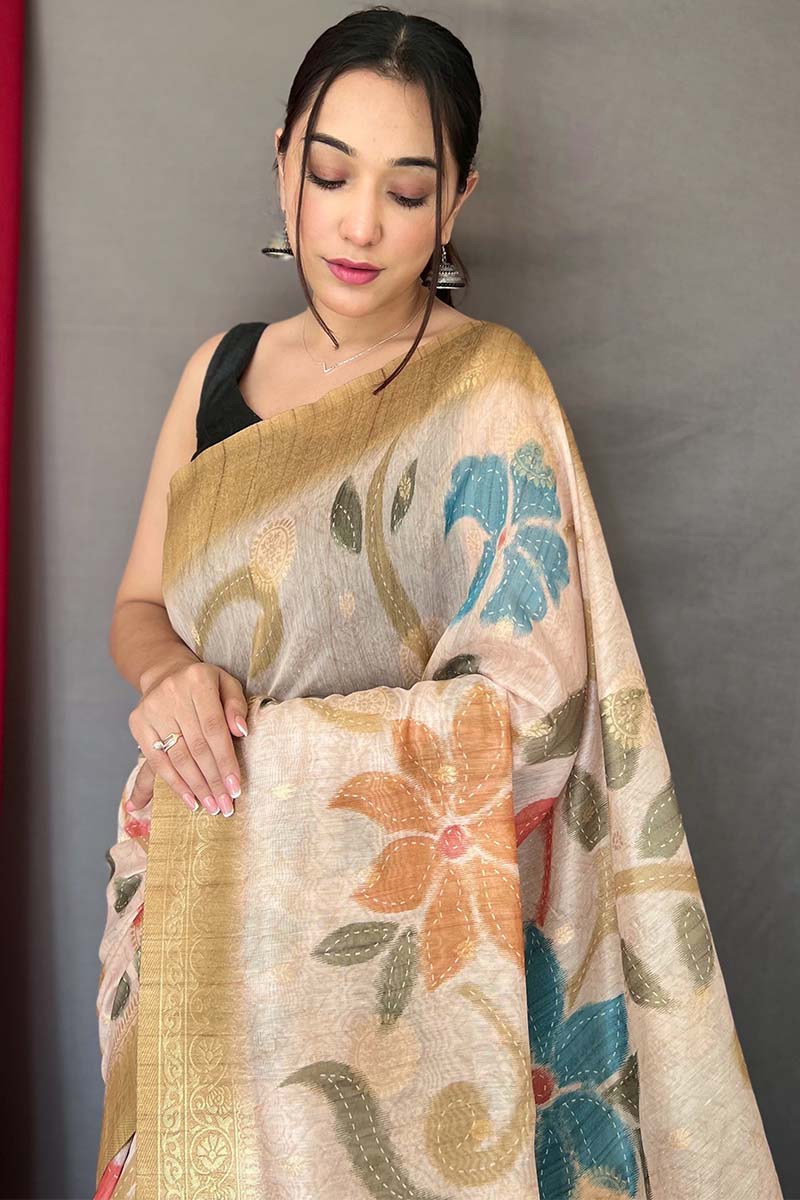 Beige and Yellow Zari Woven Printed Silk Saree