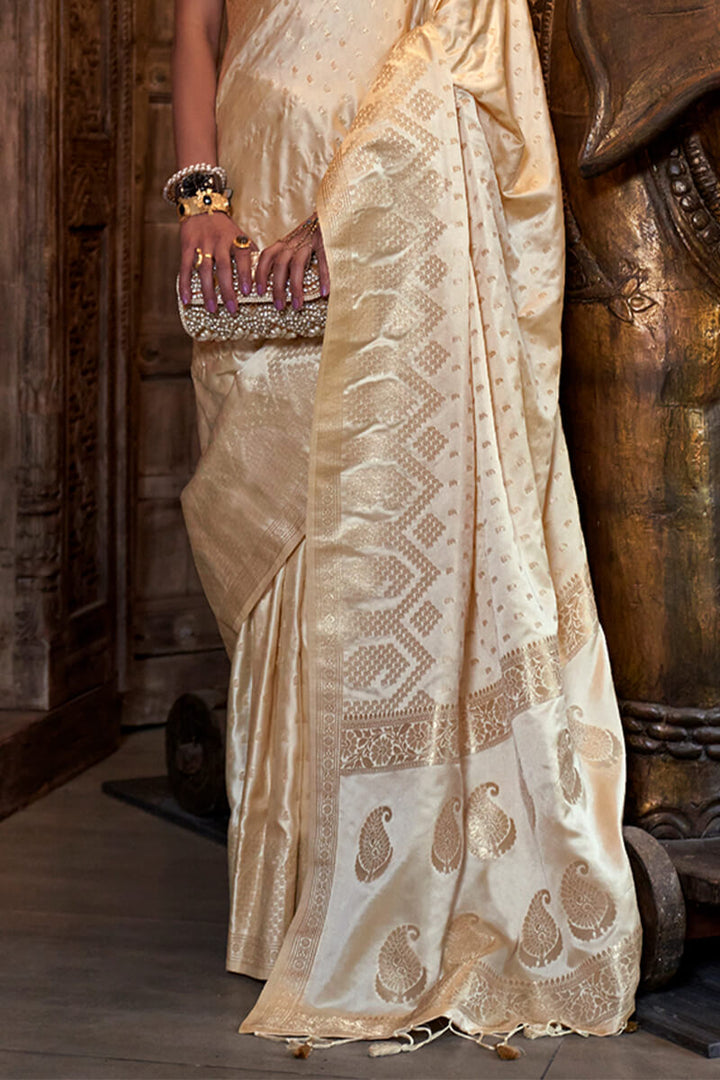 Beige Cream Banarasi Satin Silk Saree