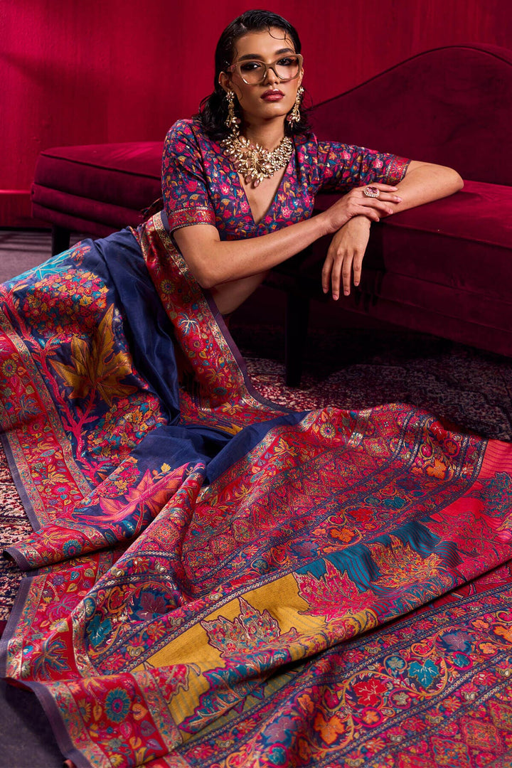 Berry Blue Kashmiri Modal Pashmina Silk Saree