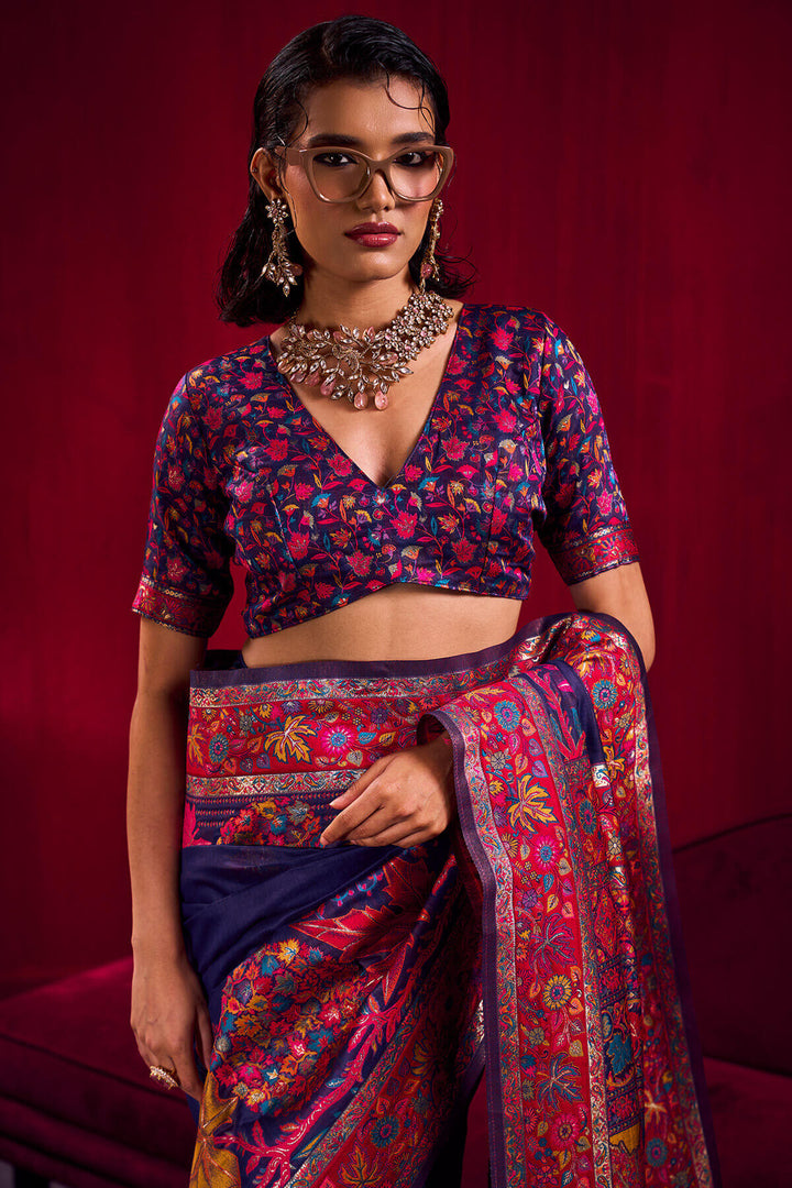 Berry Blue Kashmiri Modal Pashmina Silk Saree