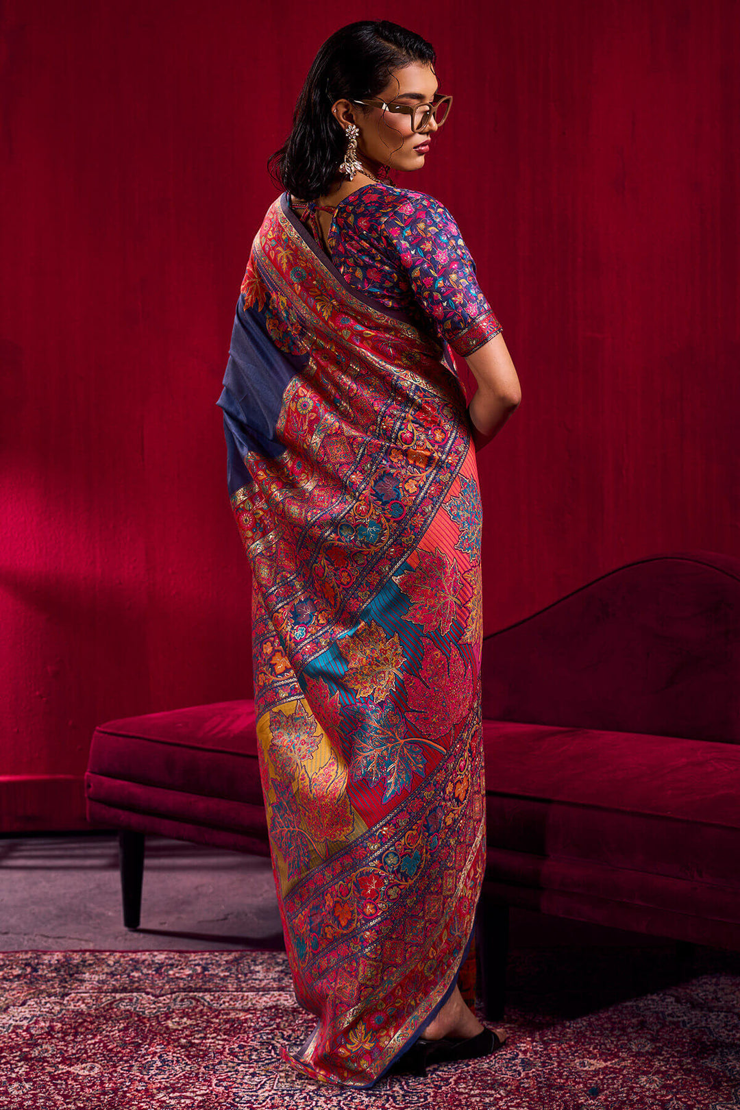 Berry Blue Kashmiri Modal Pashmina Silk Saree