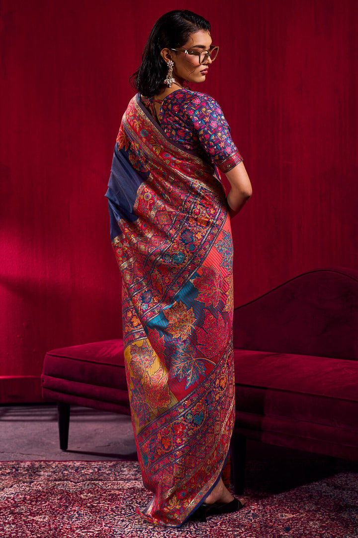 Berry Blue Kashmiri Modal Pashmina Silk Saree