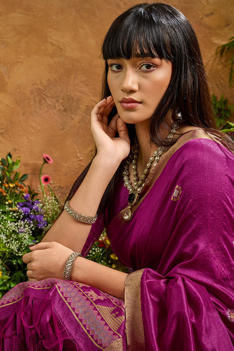 Berry Purple Banarasi Tussar Silk Saree