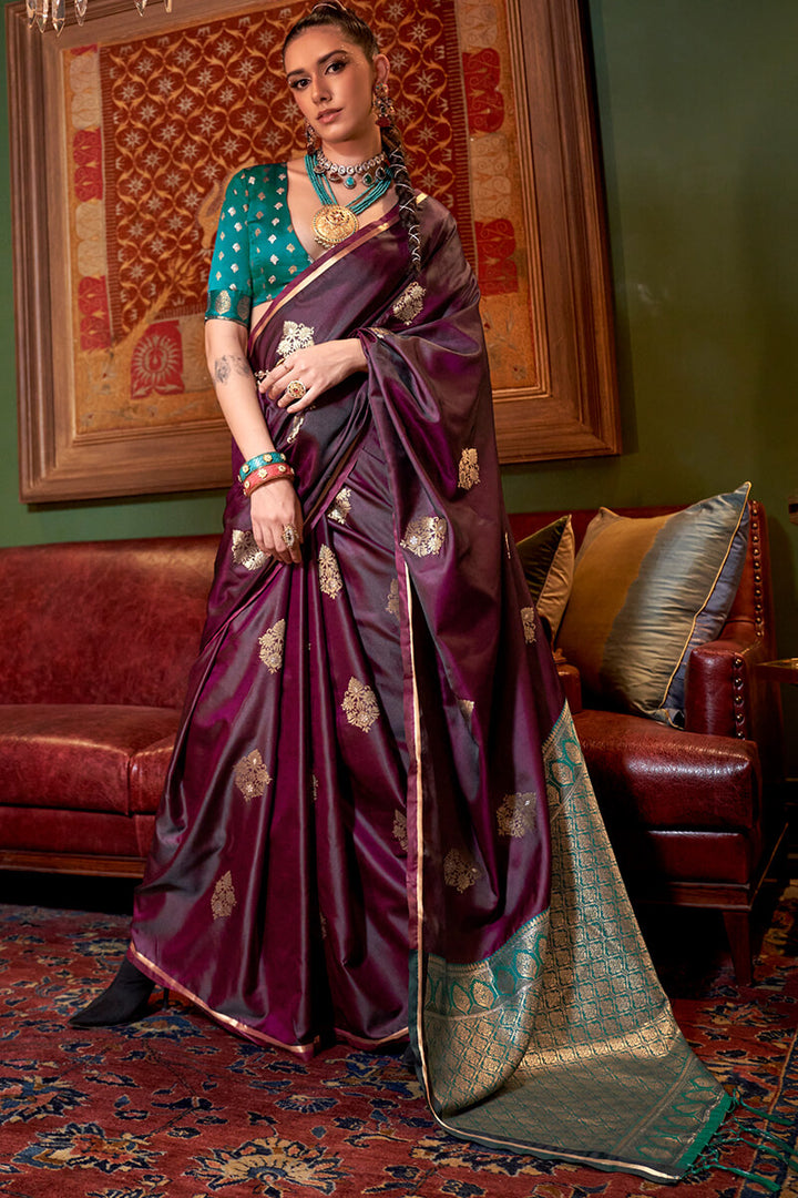 Berry Wine Banarasi Satin Silk Saree