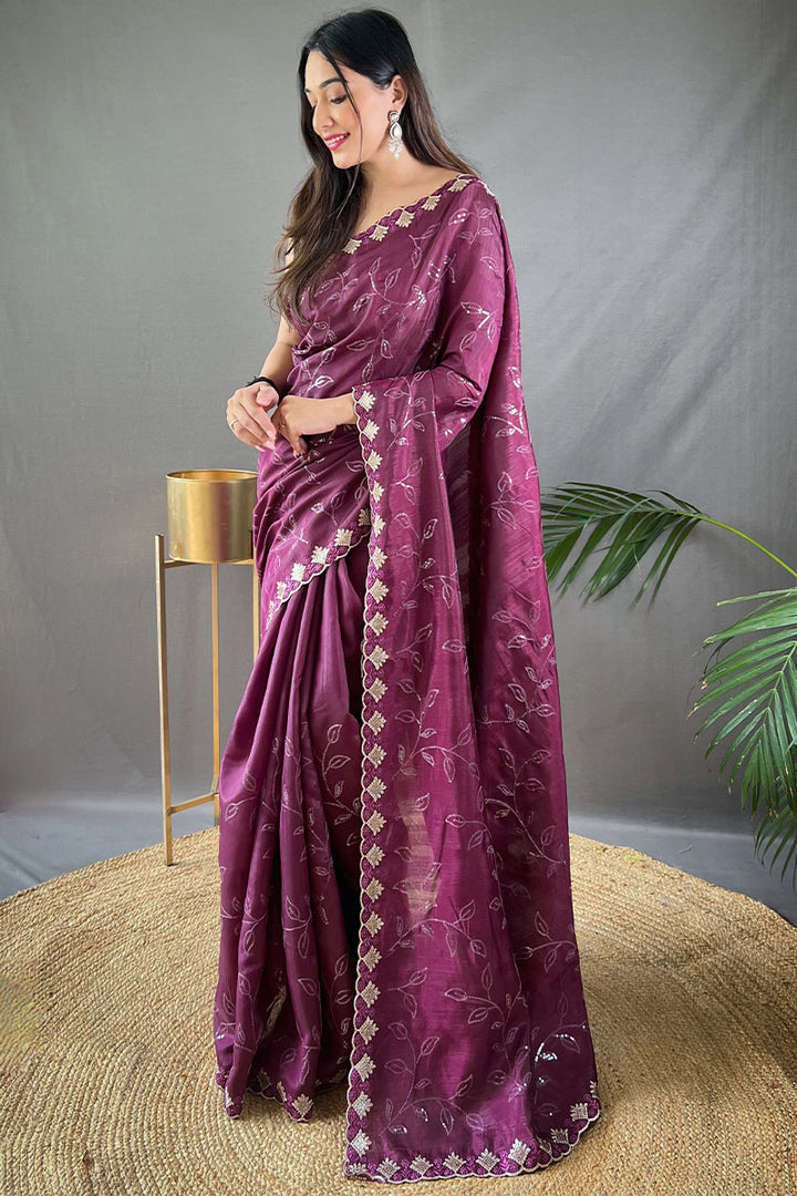 Berry Wine Embroidered SequenceWork Soft Silk Saree