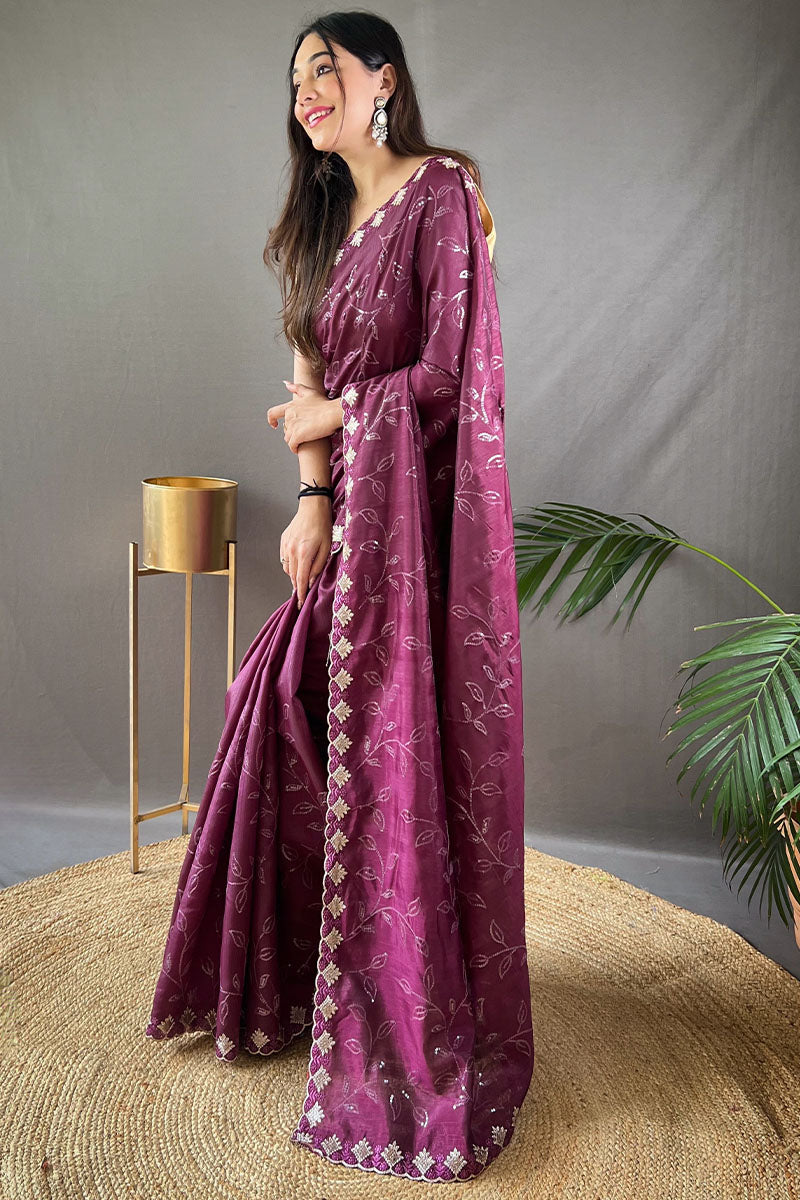 Berry Wine Embroidered SequenceWork Soft Silk Saree