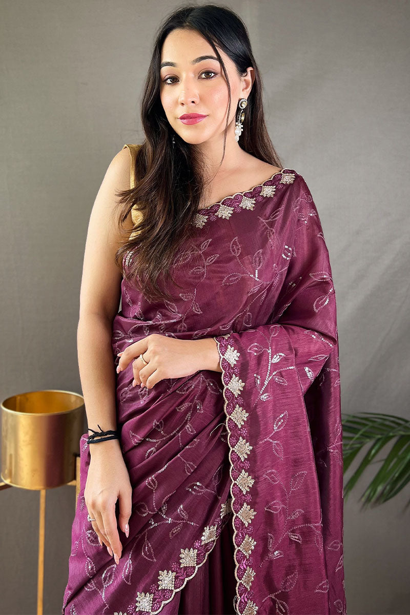 Berry Wine Embroidered SequenceWork Soft Silk Saree