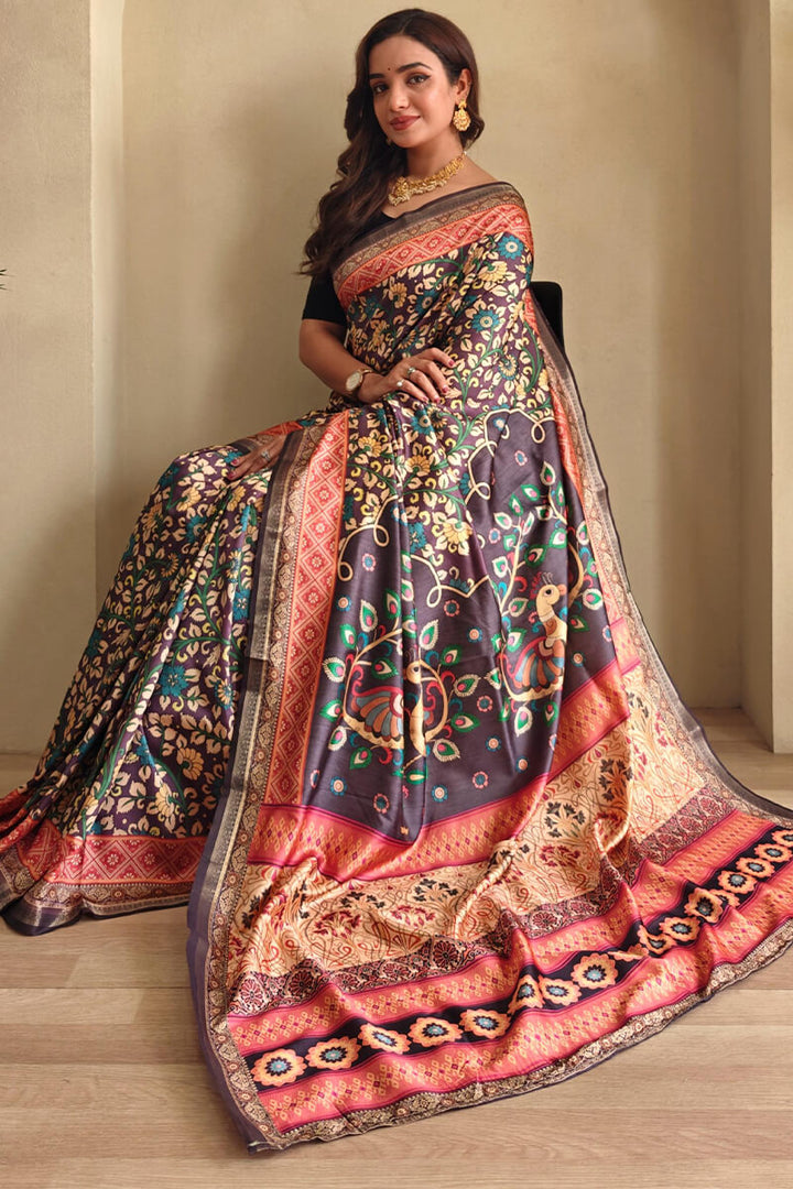 Berry Wine Kalamkari Printed Soft Silk Saree