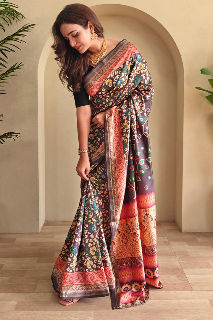 Berry Wine Kalamkari Printed Soft Silk Saree