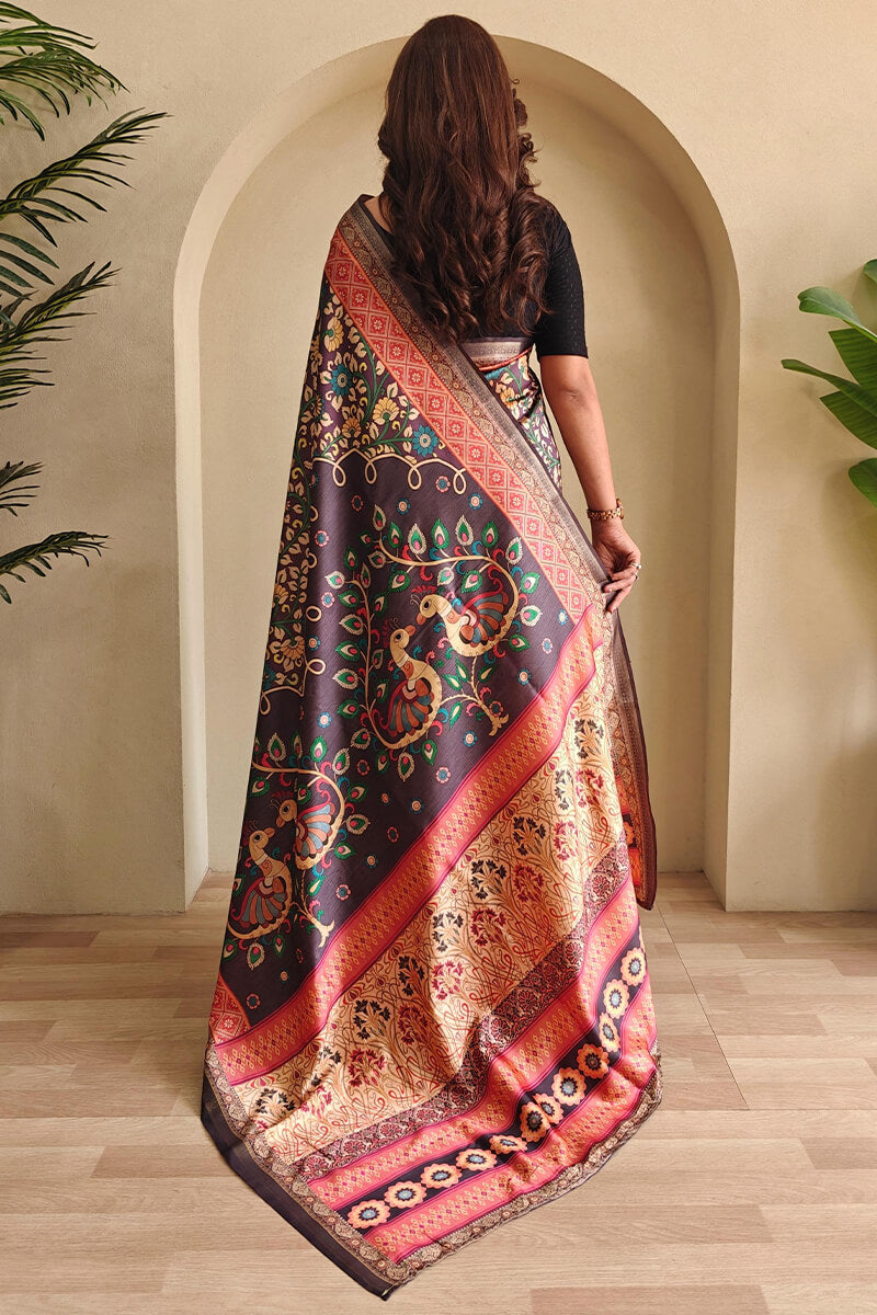 Berry Wine Kalamkari Printed Soft Silk Saree