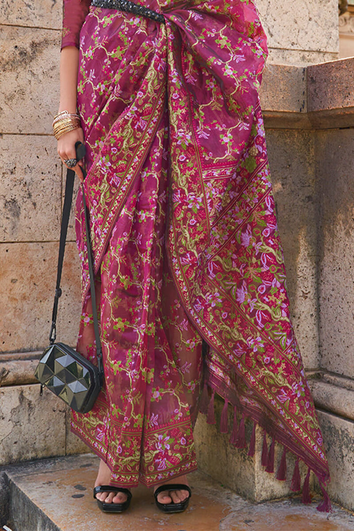 Berry Wine Kashmiri Weaving Organza Silk Saree