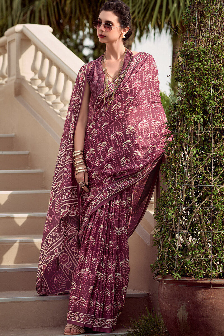 Berry Wine Printed Mul cotton Saree