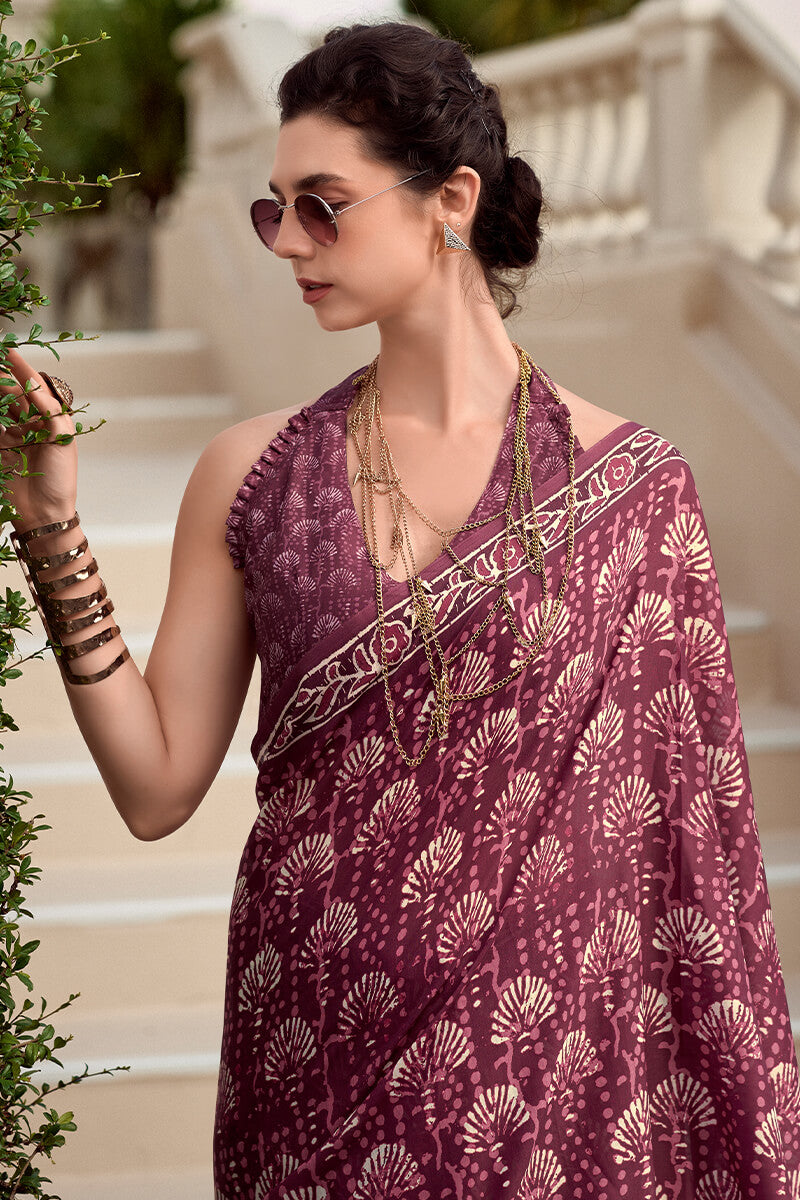 Berry Wine Printed Mul cotton Saree