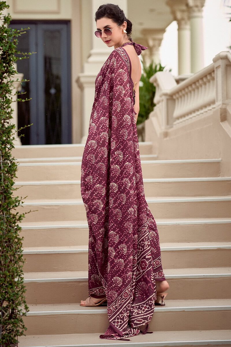 Berry Wine Printed Mul cotton Saree