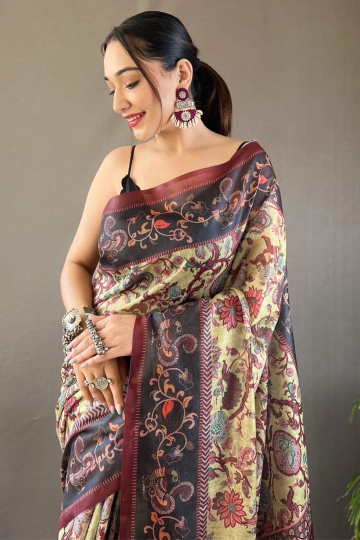 Beryl Green Printed Soft Silk Saree