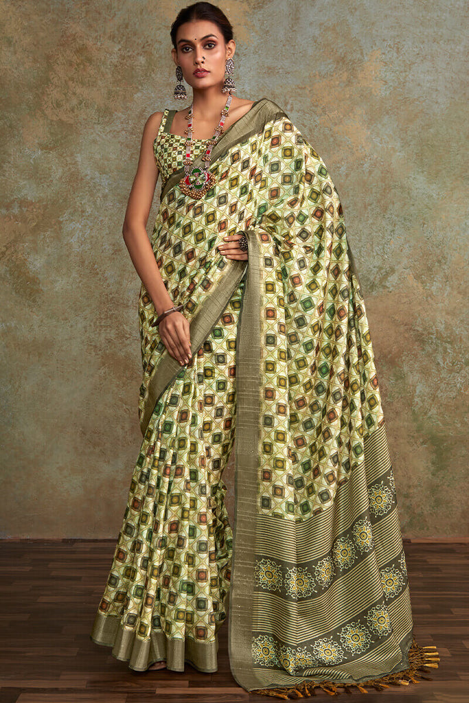 Beryl Green Printed with Sequence Soft Silk Saree