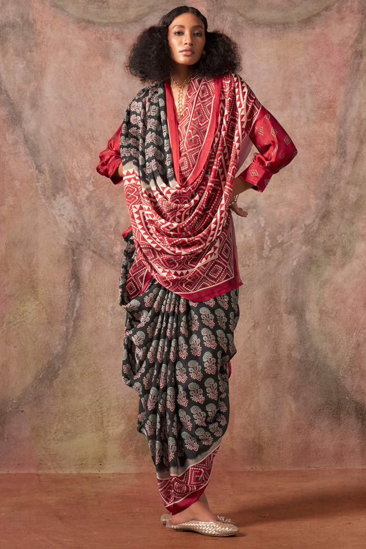 Birch Black Ajarkh Printed Satin Georgette Silk Saree