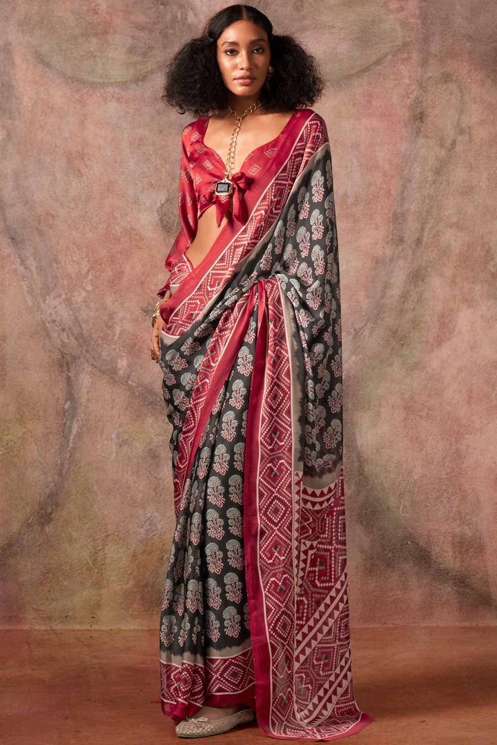 Birch Black Ajarkh Printed Satin Georgette Silk Saree
