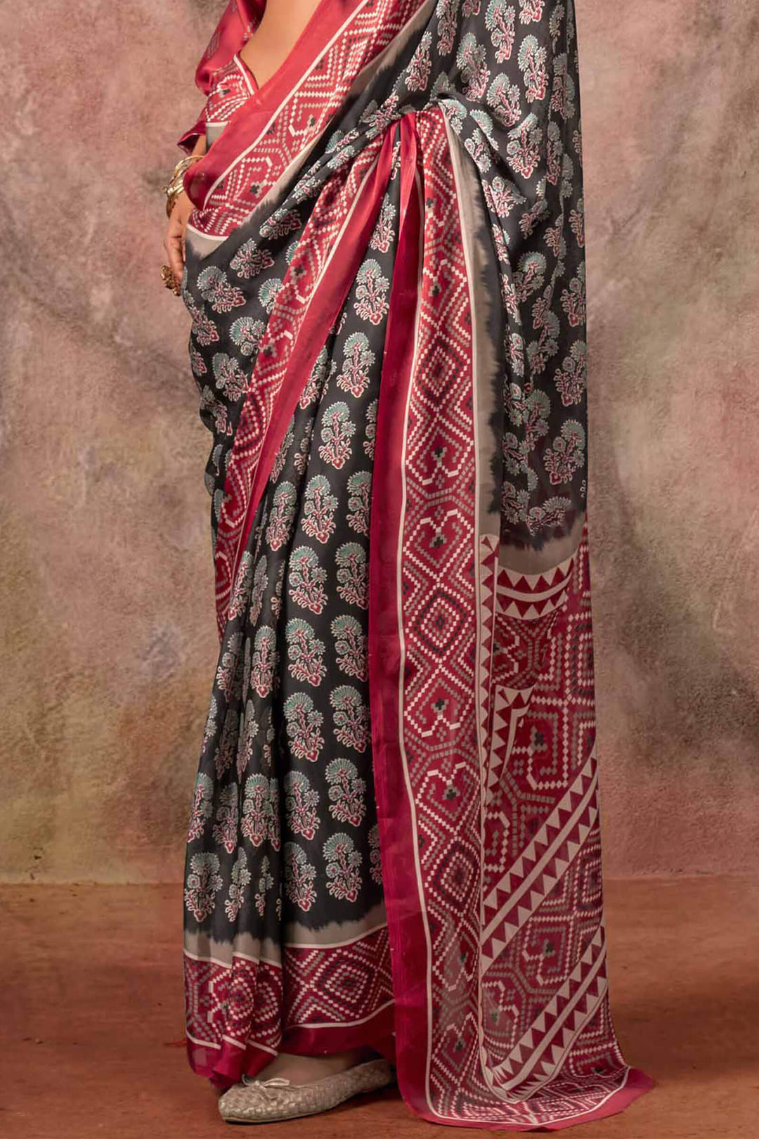 Birch Black Ajarkh Printed Satin Georgette Silk Saree